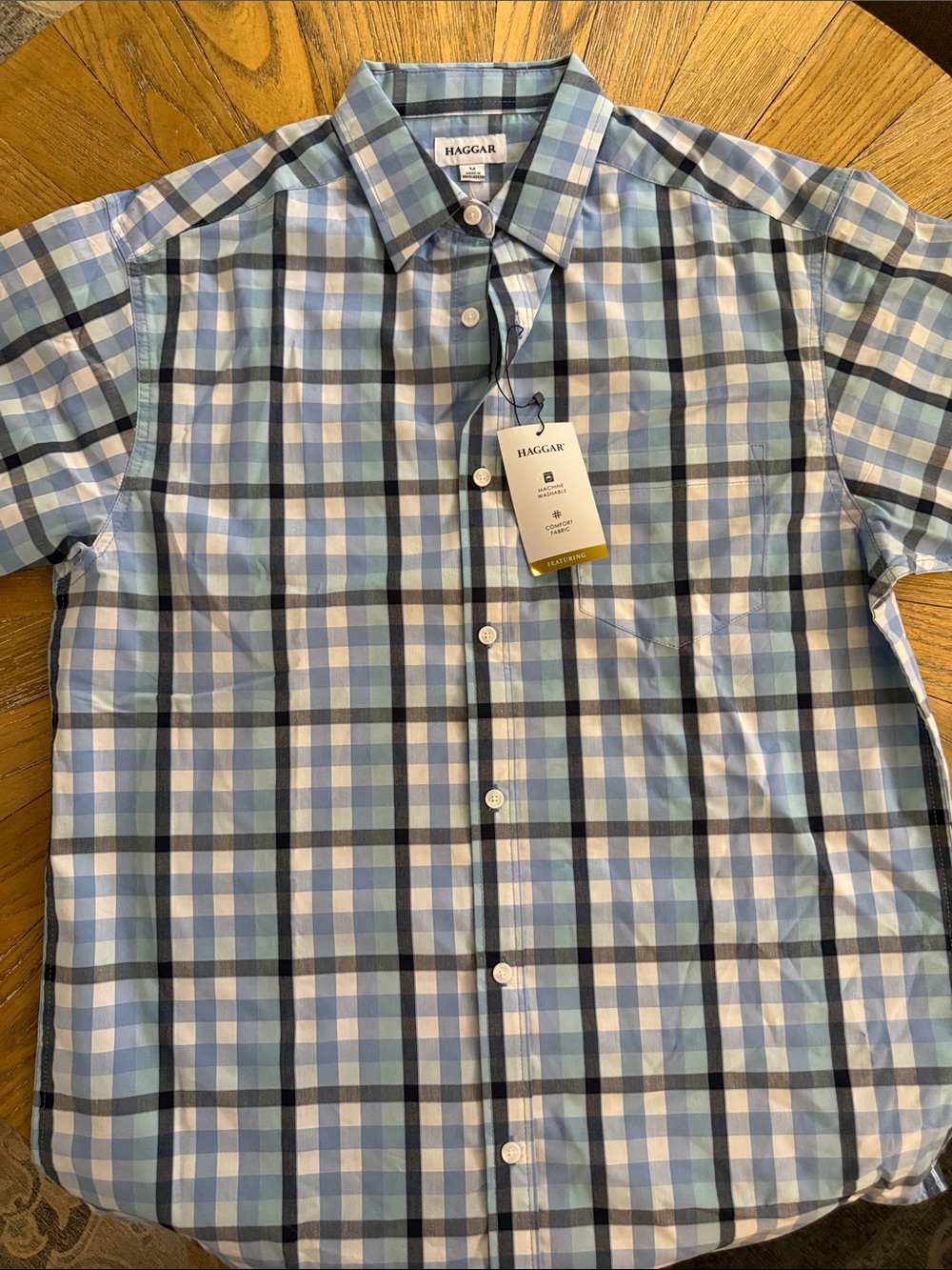 Haggar Light Blue and Navy Plaid Short-Sleeve Button-Down Shirt